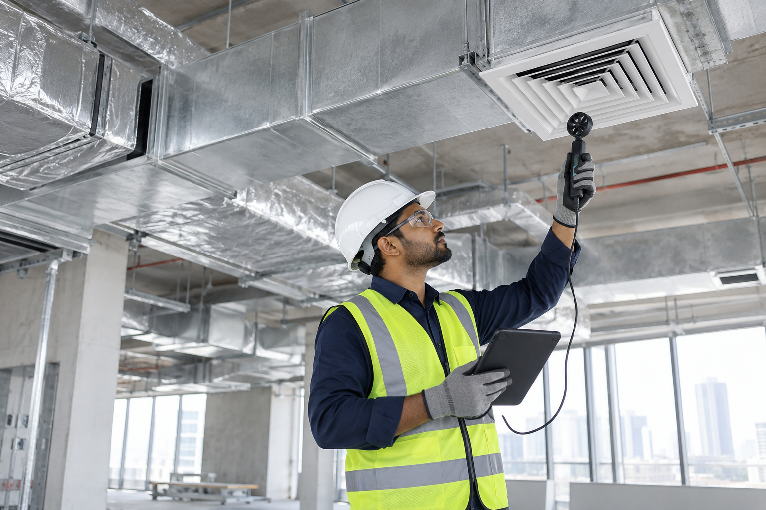 HVAC technician commissioning a ducted air-conditioning system